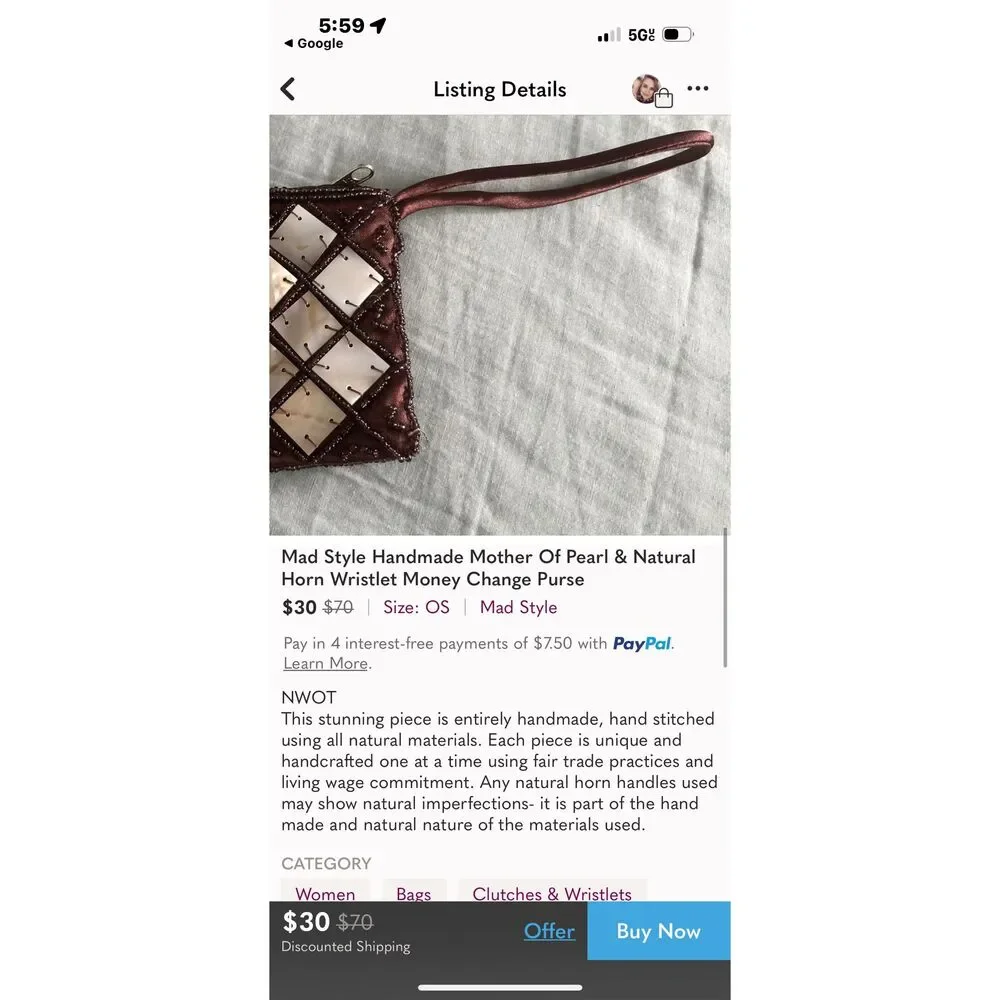 Mad Style‎ Handmade Mother Of Pearl & Natural Horn Wristlet Change Purse 9x5.5”